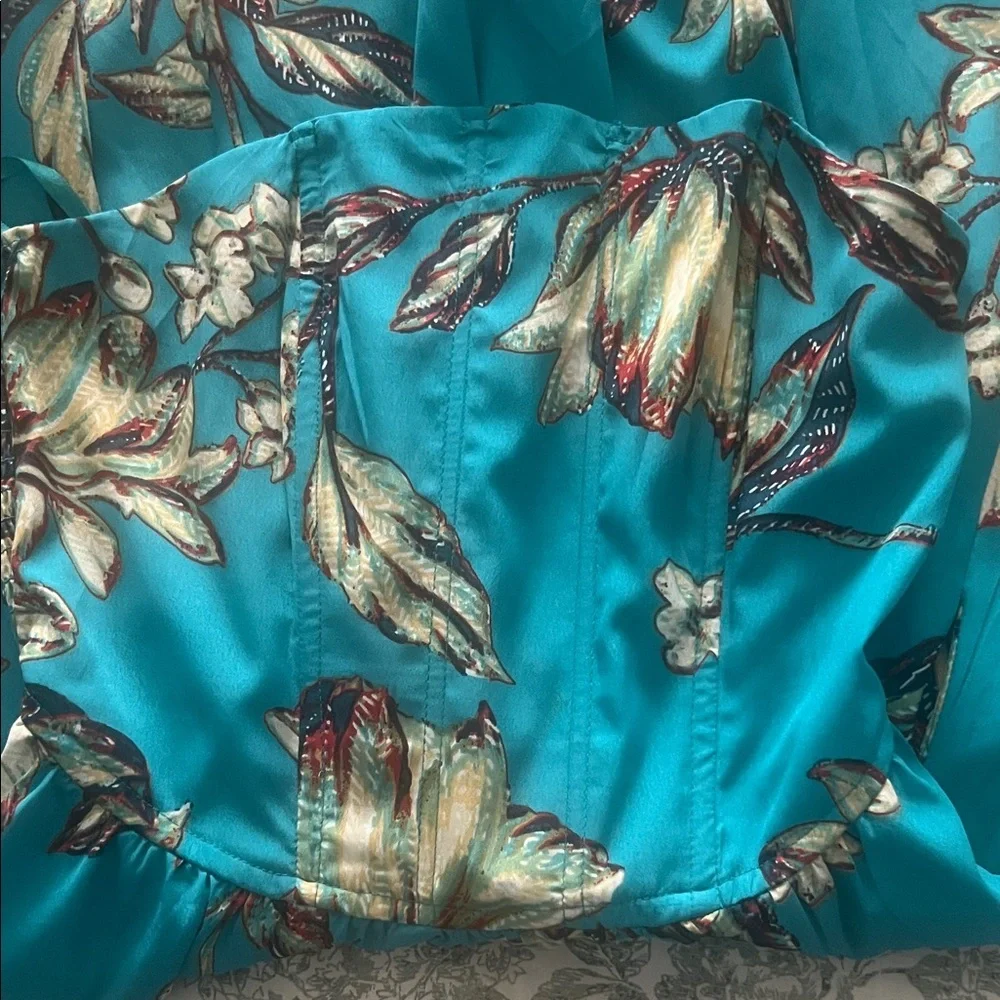 Strapless Floral Satin Dress in Teal